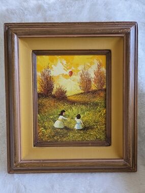 Vtg By Dani Yellow Framed Landscape Painting with Children and Red Balloon